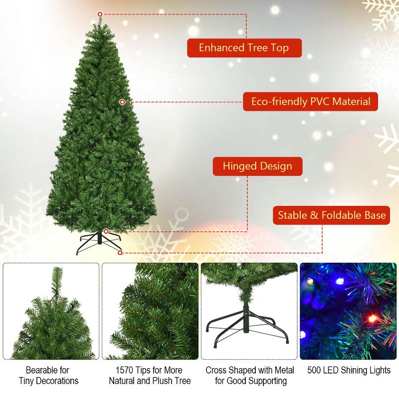 Costway 7Ft Pre-Lit Artificial Christmas Tree Hinged 500 LED Lights