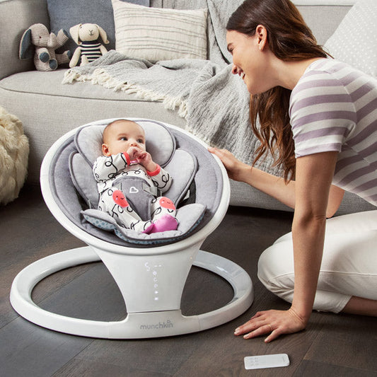 Munchkin Baby Swing, Portable and Lightweight, Bluetooth Enabled with Natural Sway in 5 Ranges of Motion, Grey/White