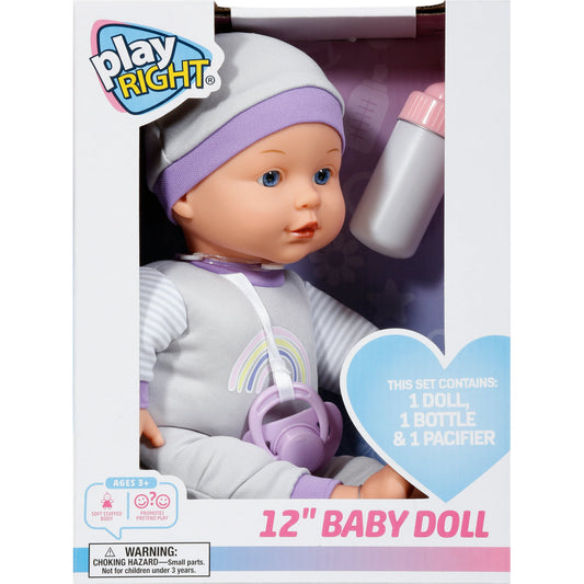 Play Right 12” Baby Bella Doll-gray jumper with rainbow