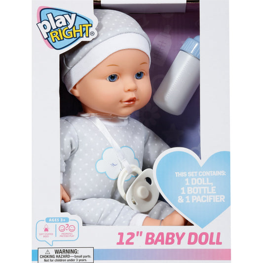 Play Right 12” Baby Bella Doll-gray jumper with cloud
