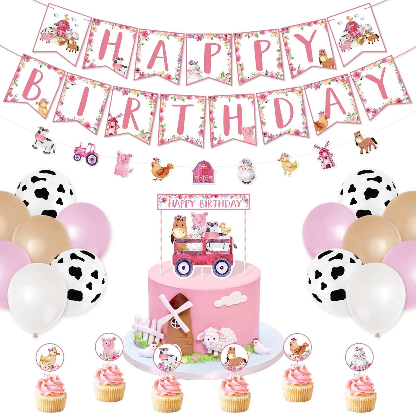 52Pcs Farm Animals Brithday Party Set Barnyard Themed Birthday Party Decors Cow Printed Balloon Baby Shower Party Ideas include Banners Balloons Cake Cupcake Toppers