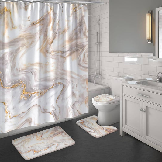 MitoVilla 4 Pcs Rose Gold Marble Bathroom Sets with Shower Curtain and Rugs and Accessories, Abstract Gold Grey White Bathroom Shower Curtain Sets with Rugs, Modern Rosegold Marble Shower Curtain