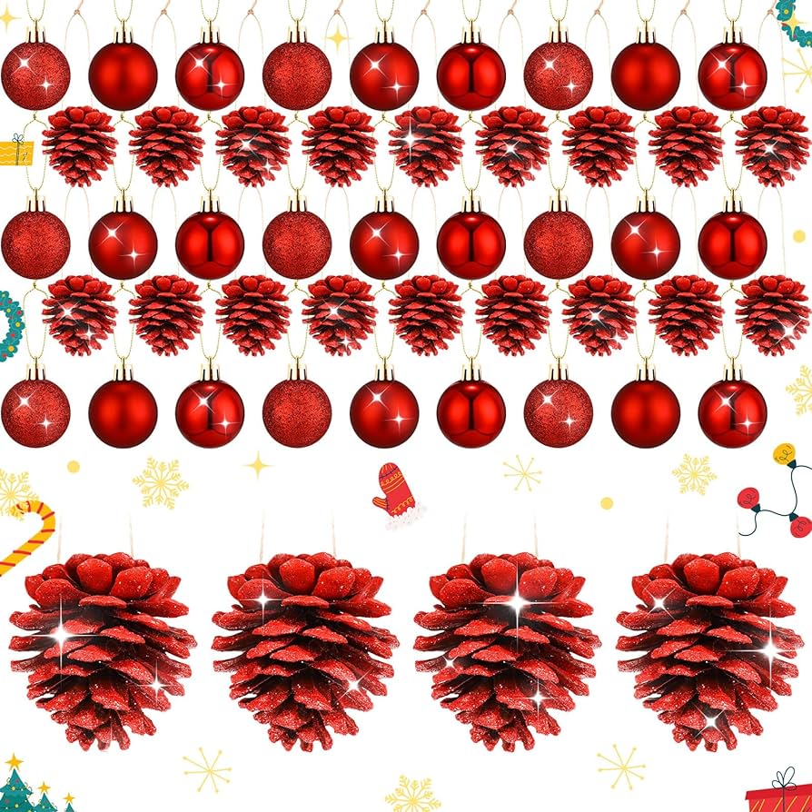 Poen 42 Pcs Christmas Ornaments Including 24 Pcs Xmas Ball Ornament and 18 Pcs Pinecones Ornaments Hanging Christmas Tree Ornaments Christmas Balls Pinecones for Crafts Party Decoration (Red)
