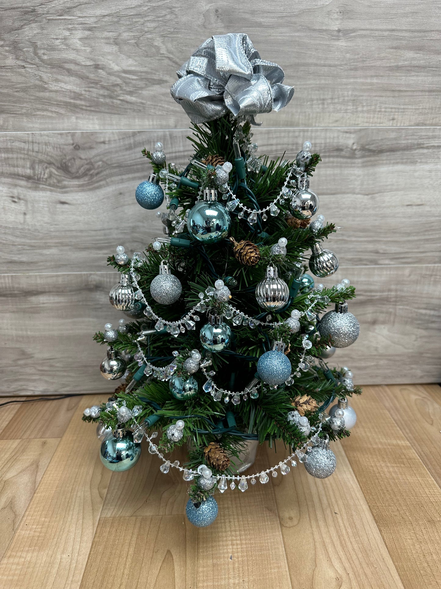 18” Mini lighted Christmas Tree with silver and blue ornaments made by hand