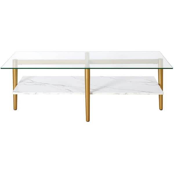 Otto 47 in. Brass/Faux Marble Rectangle Glass Coffee Table with Faux Marble Shelf*assembled!