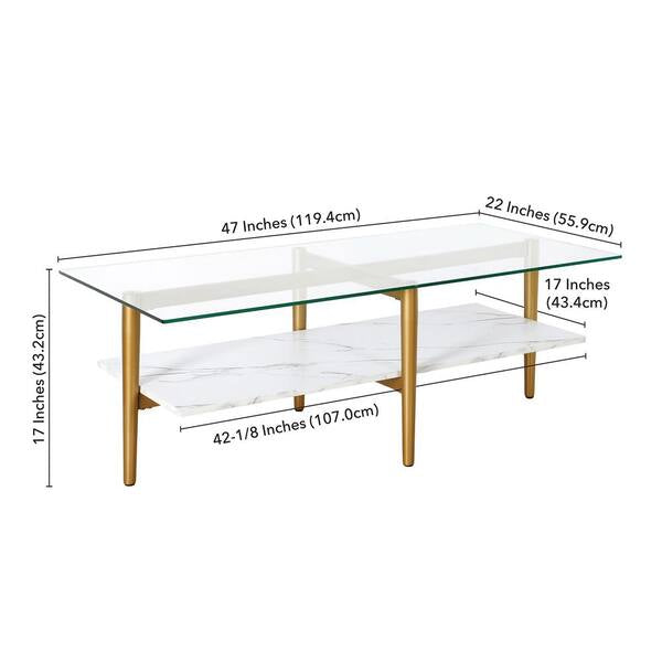 Otto 47 in. Brass/Faux Marble Rectangle Glass Coffee Table with Faux Marble Shelf*assembled!