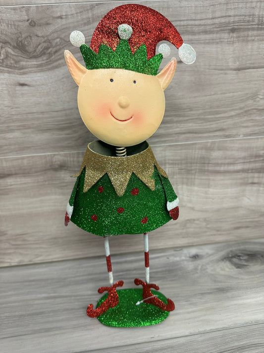 Metal standing glitter Christmas bobble head Elf Figure statue table top mantel