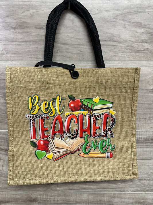 2pc “Best teacher ever” burlap tote with small bag