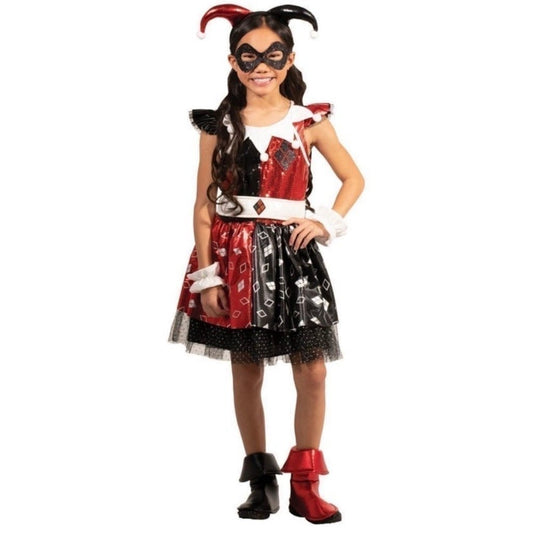 DC Harley Quinn  child costume: Dress, Mask, Cape, Wrist Cuffs & Shoe Covers Costume Set