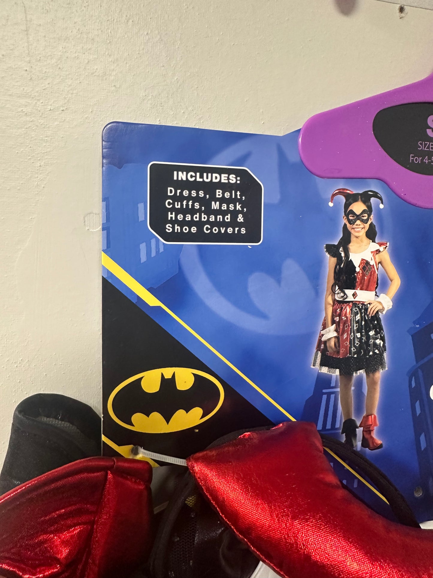 DC Harley Quinn  child costume: Dress, Mask, Cape, Wrist Cuffs & Shoe Covers Costume Set