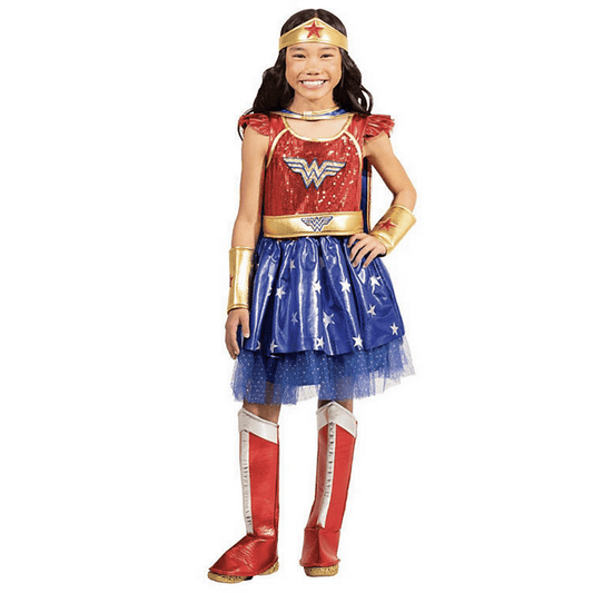 DC Wonder Woman Girls' Dress, Cape, Crown, Belt & Shoe Covers Halloween Costume