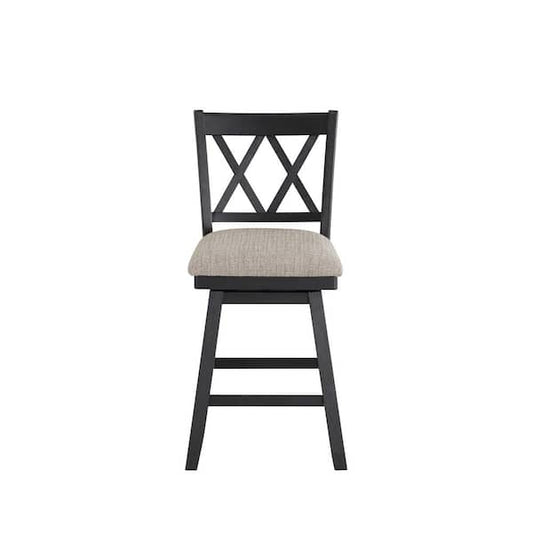 Set of 3 Brookline 24 in. Black High Back Wood 37.5 in. Swivel Counter Stool with Fabric Seat ASSEMBLED