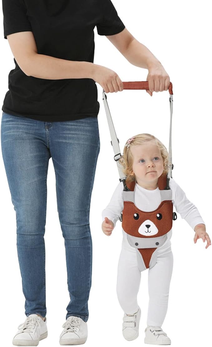 Baby Walking Harness Lightweight Adjustable Detachable Crotch Pad Handheld Toddler Walk Assistant Belt for 8‑24 Month Old(Coffee Bear)