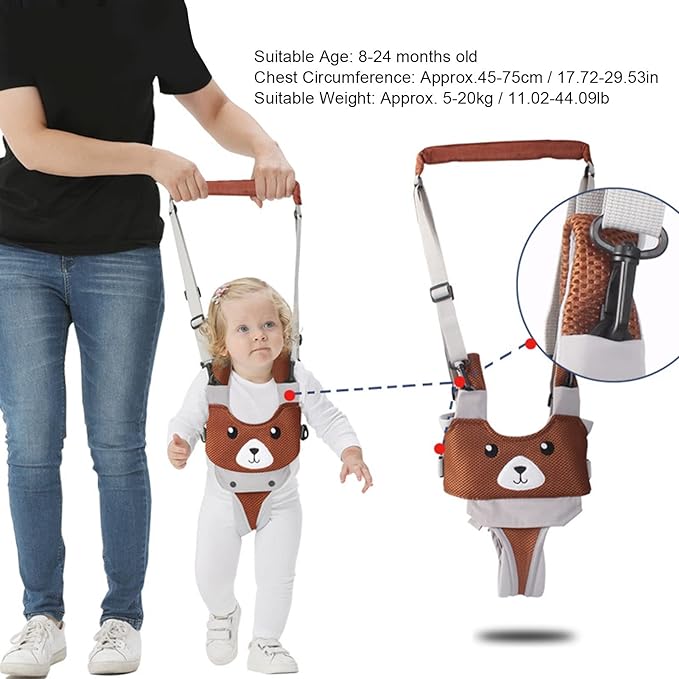 Baby Walking Harness Lightweight Adjustable Detachable Crotch Pad Handheld Toddler Walk Assistant Belt for 8‑24 Month Old(Coffee Bear)