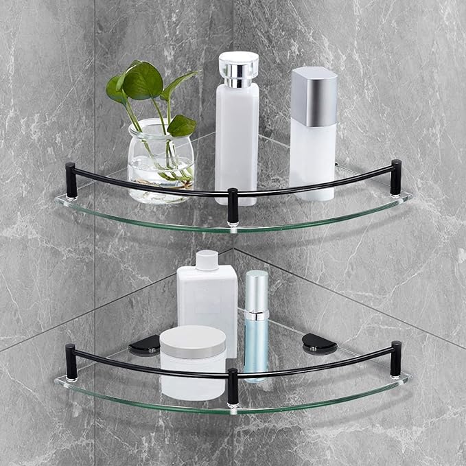 Glass Shelf, Black, 2 Pack, Bathroom Glass Floating Shower Shelves with Rail, 9.8 x 9.8 x 2.4 in