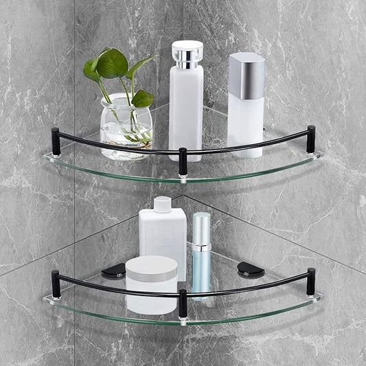Glass Shelf, Black, 2 Pack, Bathroom Glass Floating Shower Shelves with Rail, 9.8 x 9.8 x 2.4 in