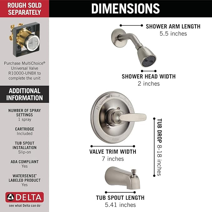 Delta Faucet Foundations CHROME Shower Faucet Set with 2-Spray Shower Head, Tub and Shower Trim Kit