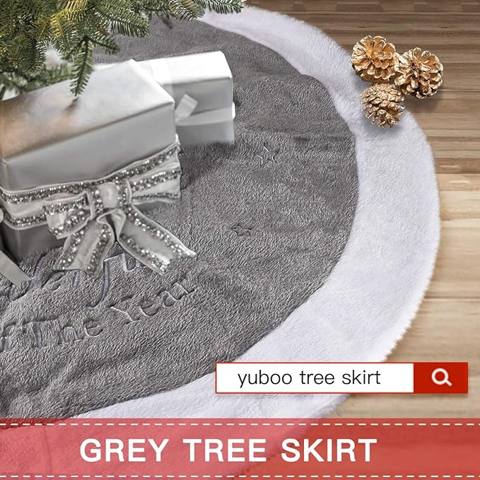 Gray Christmas Tree Skirt, 36" Faux Fur Christmas Tree Rug with Silver Embroidered Snowflakes for Pencil Tree for Grey Christmas Decorations