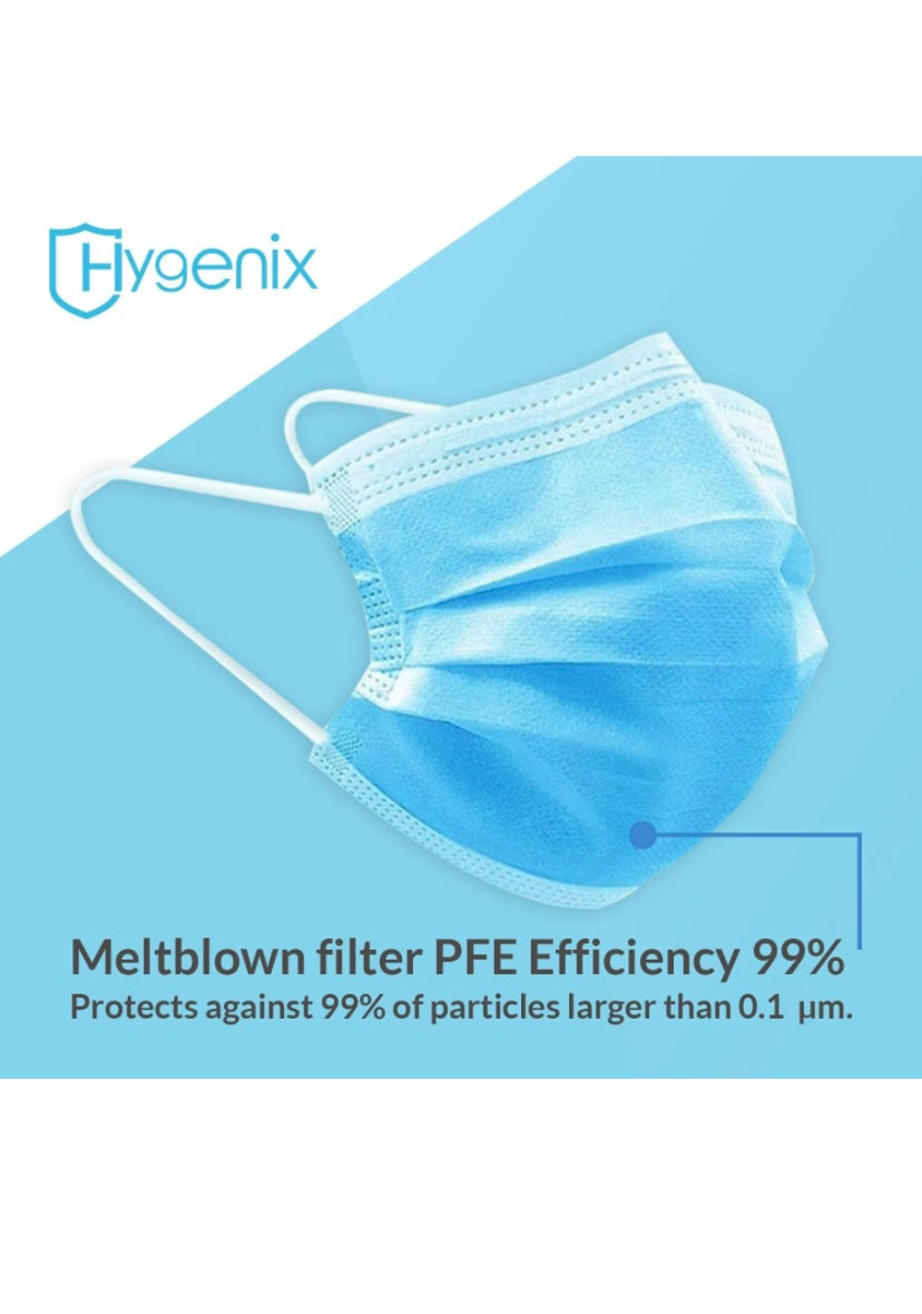 Hygenix 3ply Disposable Face Masks PFE 99% Filter Quality Tested by a US lab (Pack of 50 Pcs)