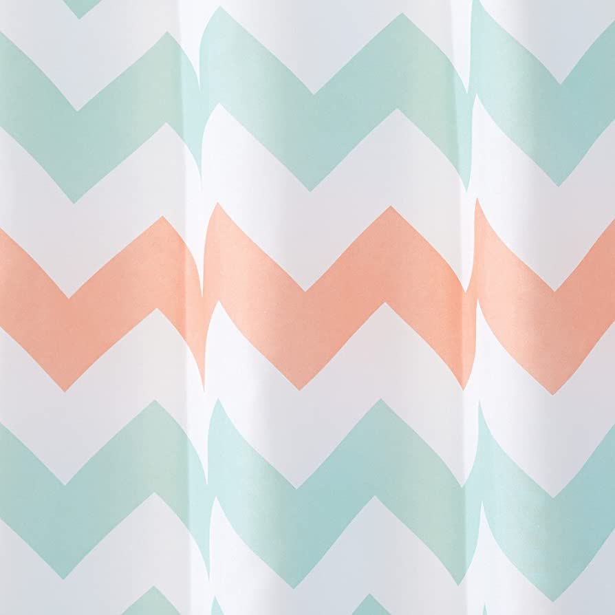 iDesign Chevron Fabric Shower Curtain for Master, Guest, Kids, College Dorm, 72" x 72", Blue and Coral Pink