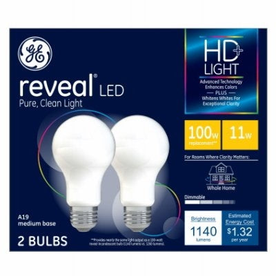 GE Hd+ Reveal Led Light Bulb, A19 Mid Base, 1140 Lumens, 11 Watt, 2-pk.