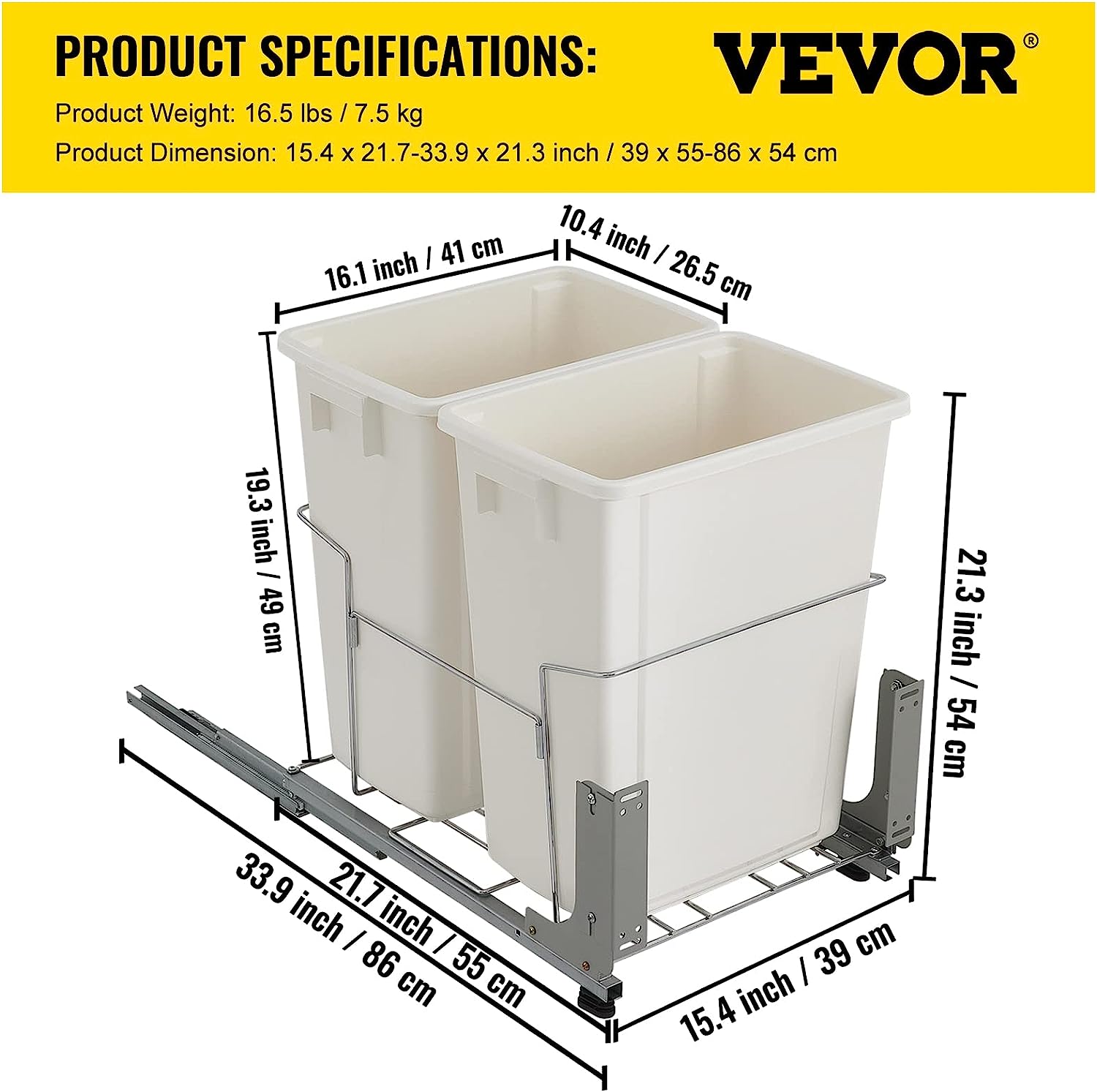 VEVOR Pull-Out Trash Can, 37Qt Double Bins, Under Mount Kitchen Waste  Container with Soft-Close Slides, 44 lbs Load Capacity & Door-Mounted  Brackets