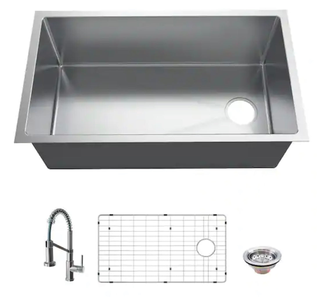 Glacier bay AIO Tight Radius Undermount 18G Stainless Steel 36 in. Single Bowl Kitchen Sink with Offset Drain and Spring Neck Faucet