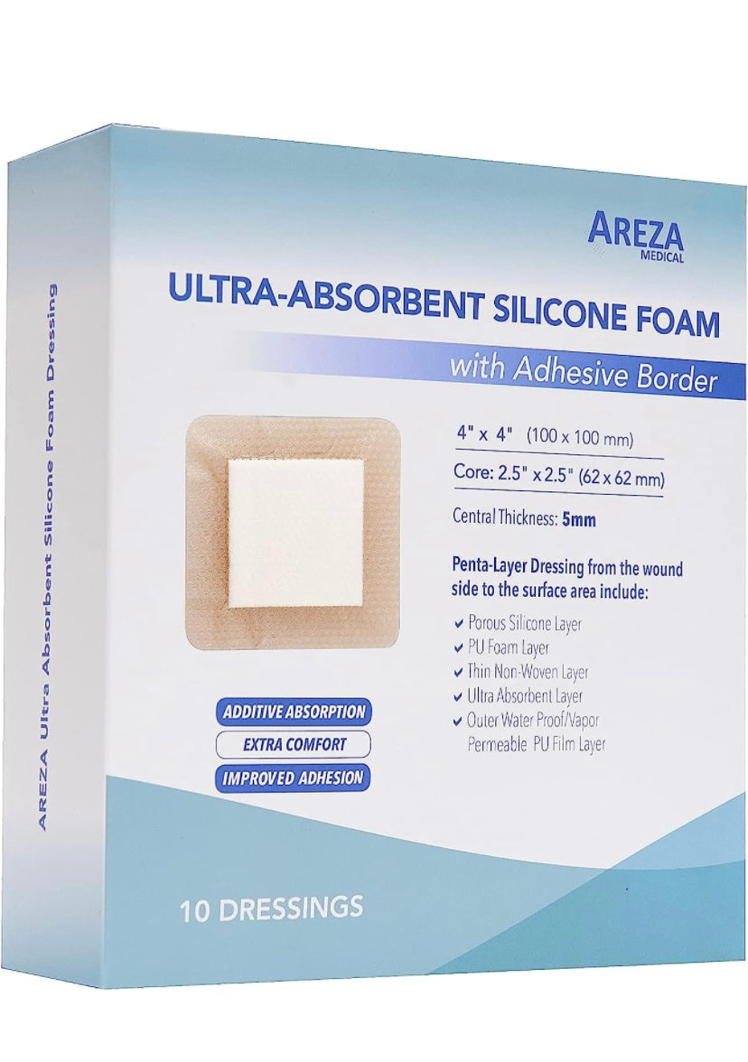 Ultra-Absorbent Silicone Foam Dressing with Border (Adhesive) Waterproof 4" X 4" (10 Cm X 10 Cm) (Central Ultra-Absorbent Foam 2.5" X 2.5") 10 Per Box (1) Wound Dressing by Areza Medical