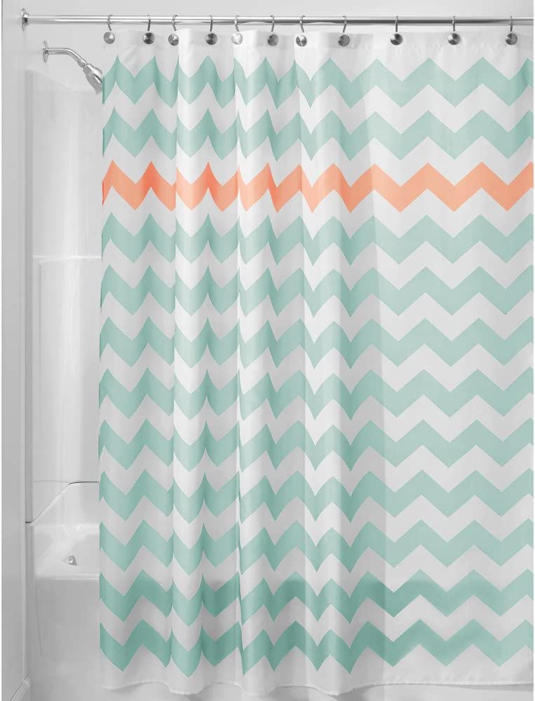 iDesign Chevron Fabric Shower Curtain for Master, Guest, Kids, College Dorm, 72" x 72", Blue and Coral Pink