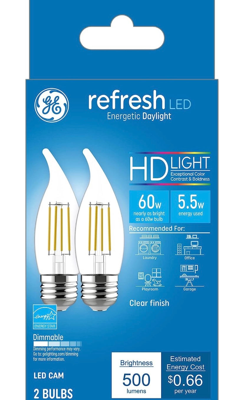 GE Refresh LED Light Bulbs, 60 Watt Eqv, Daylight, Decorative Clear Bulbs, Medium Base (2 Pack)