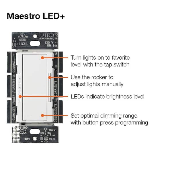 Maestro LED+ Dimmer Switch for Dimmable LED, Halogen and Incandescent Bulbs, Single-Pole or Multi-Location, Snow