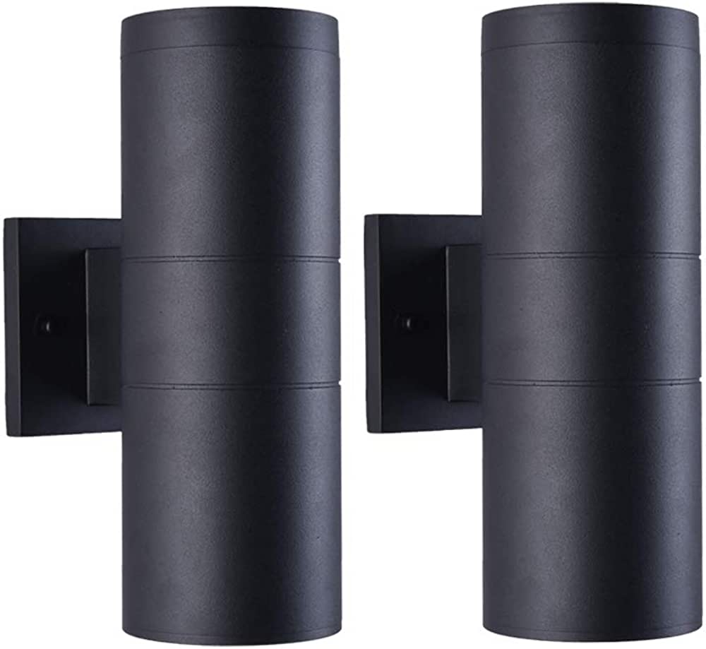 Modern Outdoor Porch Light Patio Light in 2 Lights with Aluminum Cylinder and Tempered Glass Cover Waterproof Wall Sconce 2 Pack (Matte Black)