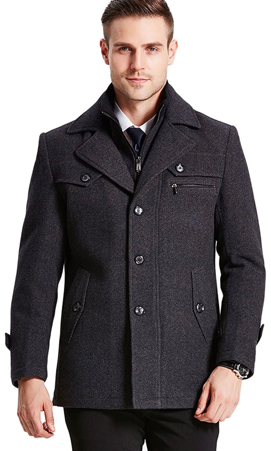 chouyatou Men's Gentle Layered Collar Single Breasted Quilted Lined Wool Blend Pea Coat men’s size XXL