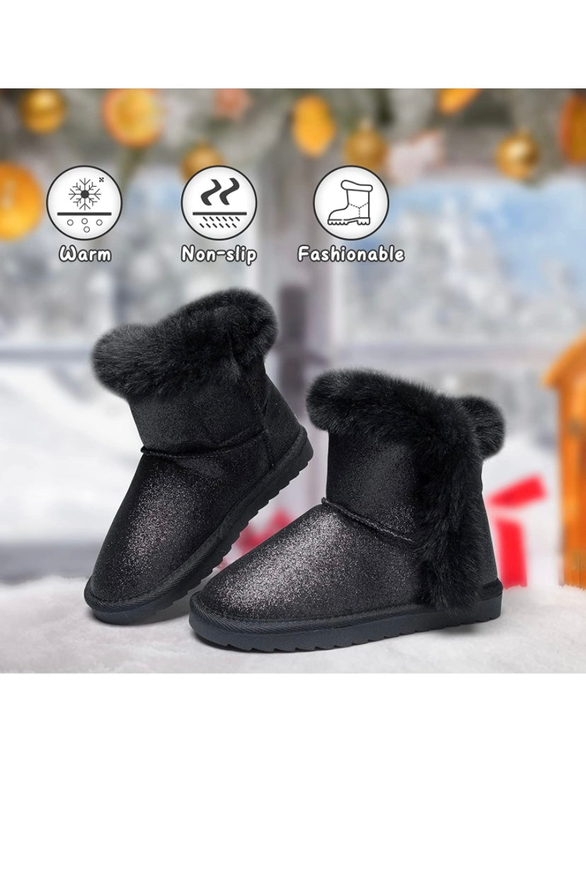 K KomForme Girls Snow Boots Warm Fur Lined Glitter Strap Winter Shoes Lightweight with Hook-and-loop big kids size 5
